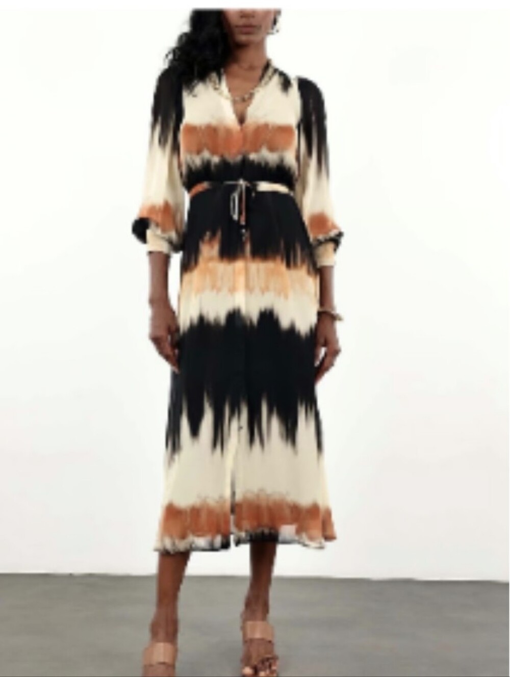 Zara Ombré Wrap Belted Midi Dress in Black, Cream & Brown